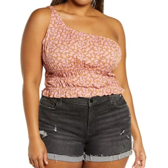Nordstrom One‎ Shoulder Floral Top Size 3X Pink Brown BP Allison Ruched Blouse - Picture 1 of 7